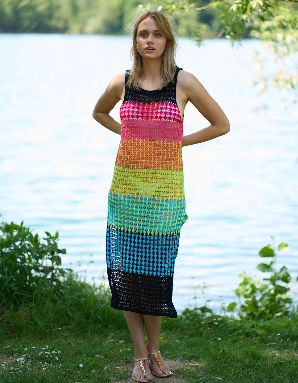 Knitted Wide Horizontal Color Pattern Vest Dress Holiday Casual Beach Bikini Cover Bella Mia