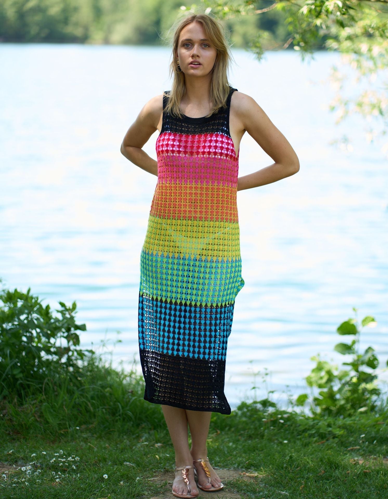 Knitted Wide Horizontal Color Pattern Vest Dress Holiday Casual Beach Bikini Cover Bella Mia