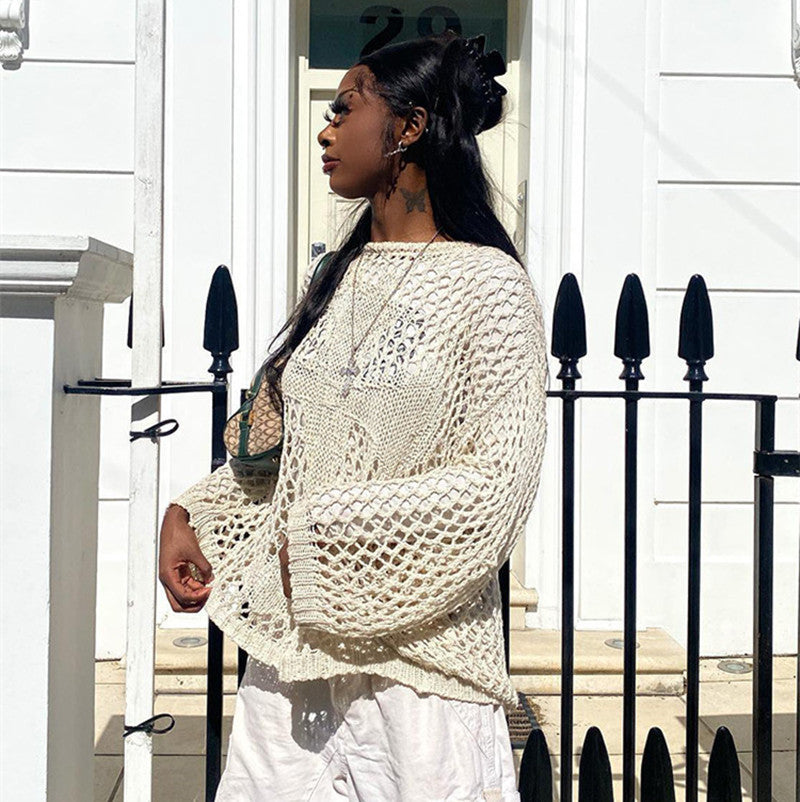 Round Neck Hollow Out Cutout Long Sleeved Criss Cross Blouse Summer See through Sexy Top Beach Sweaters Bella Mia