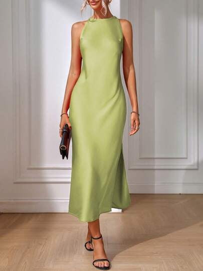 Satin Dress Women Clothing Spring Summer Sleeveless Split Satin Imitation Silk Maxi Dress Bella Mia