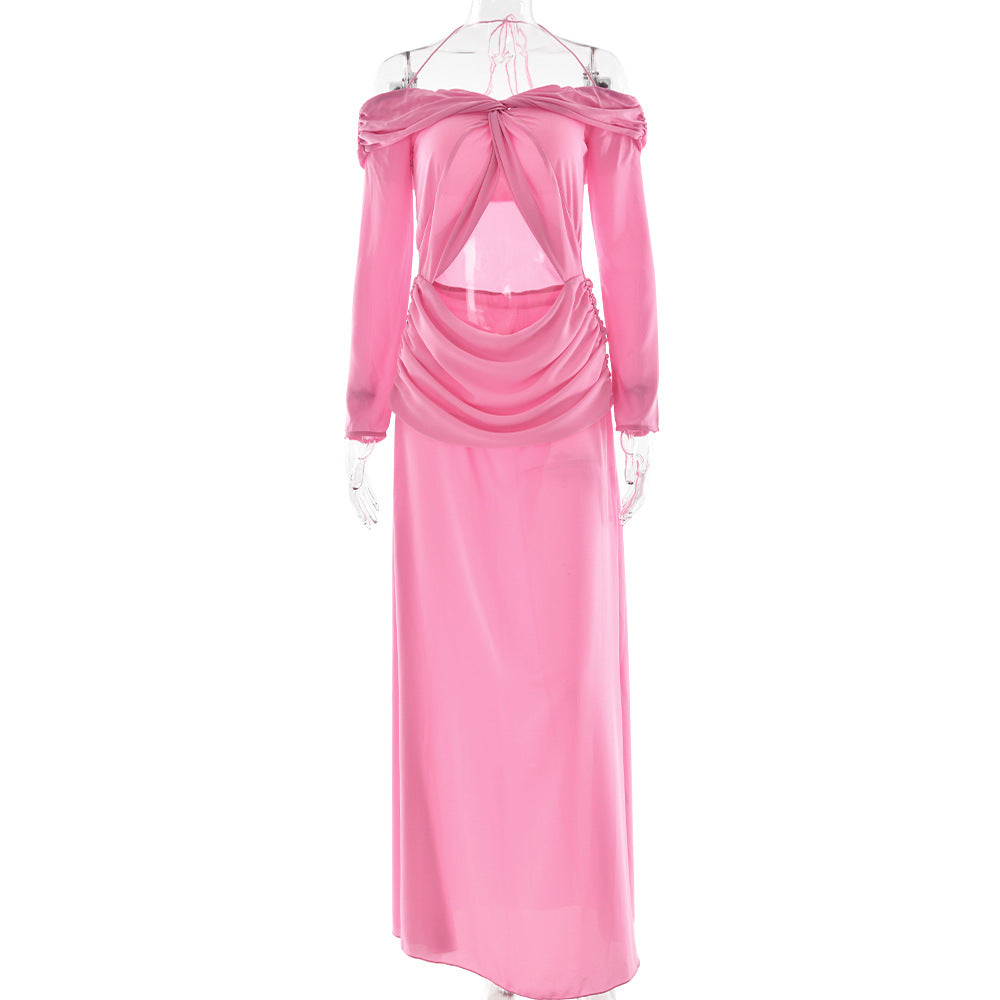 Summer Arrival Twisted Chiffon off Shoulder Maxi Dress Sexy Cropped Pleated Dress Bella Mia