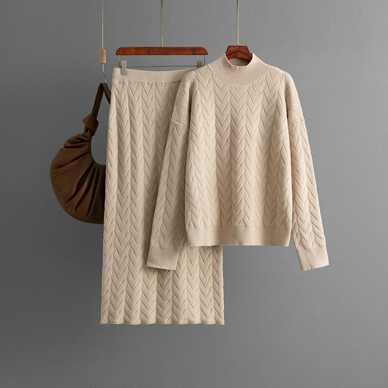 Autumn Winter Jacquard Half High Collar Long Sleeves Knitwear Pullover Top Skirt Two Piece Set Bella Mia