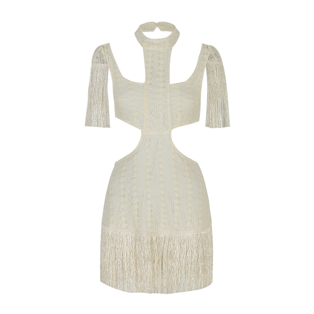 One Piece Hollow Out Cutout Beach Dress Set Sexy Waist Hollow Out Cutout out Seaside Vacation Tassel Summer Bella Mia