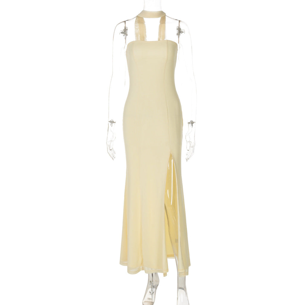 Women Clothing Summer Tube Top Slit Slim Fitting Solid Color Dress Bella Mia