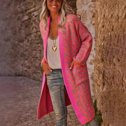 Autumn Winter Contrast Color Leopard Print Long Sweater Retro Pocket Sweater Women Coat Bella Mia