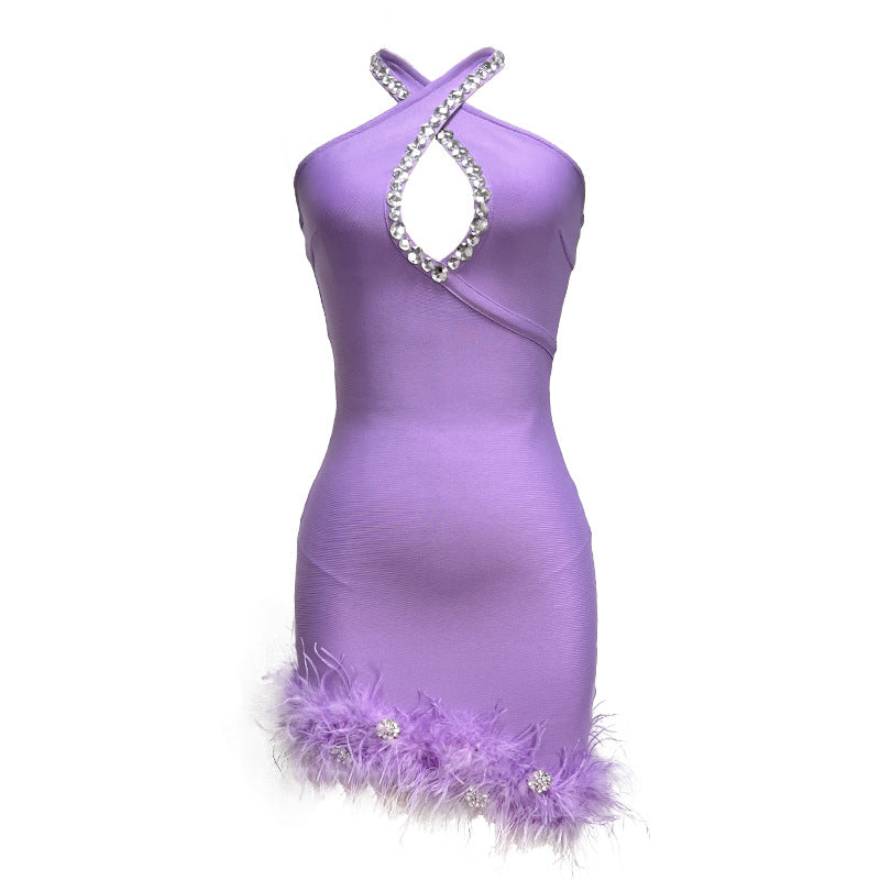Sexy Halter Diamond Feather Stretch Bandage One Piece Dress Party Dress Bella Mia