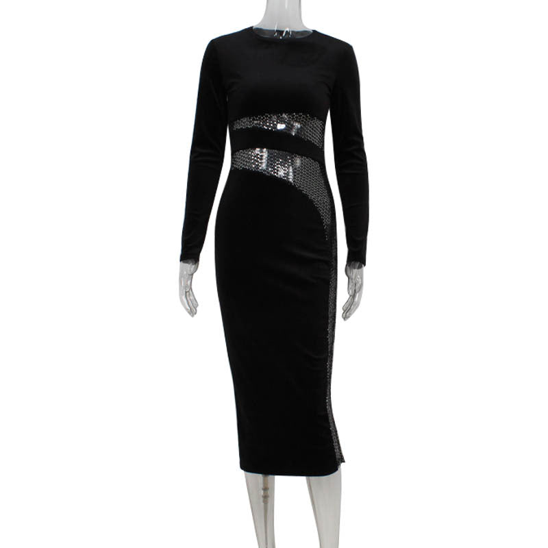 Women Clothing Fall Winter High Sense Sequin Stitching Slim Velvet Sheath Dress Maxi Dress Bella Mia