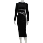 Women Clothing Fall Winter High Sense Sequin Stitching Slim Velvet Sheath Dress Maxi Dress Bella Mia