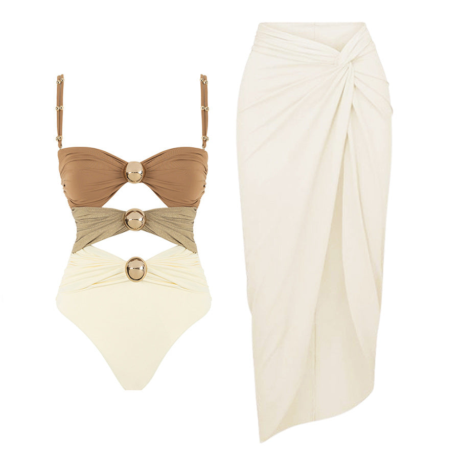 Round Buckle Decorative Color Matching Hollow Out Cutout out Swimsuit Set Women Bella Mia