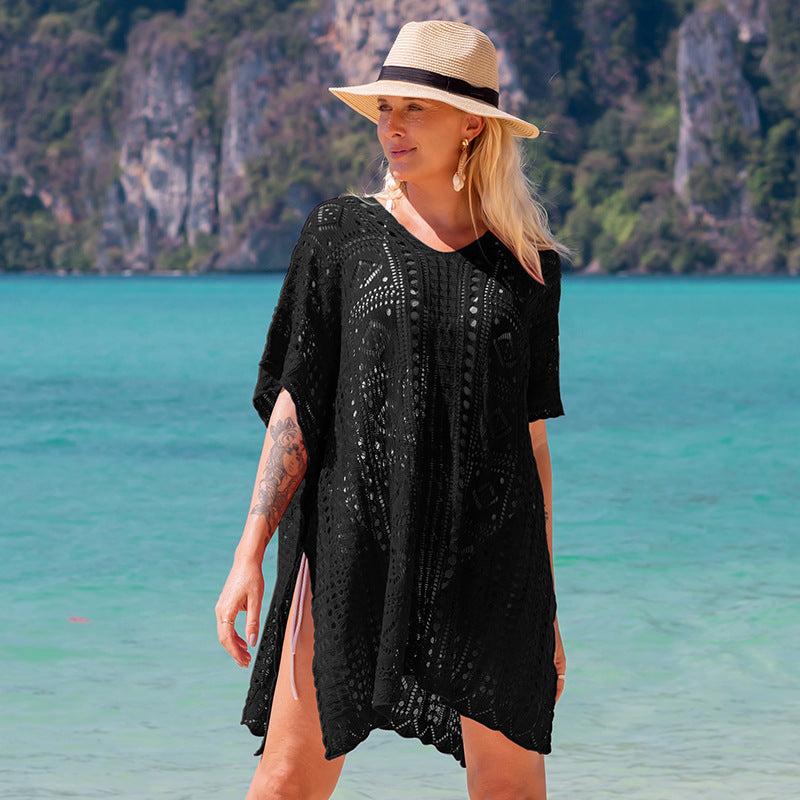 Knitted Hollow Out Cutout out Beach Jacket-Head Sexy Beach Cover Up Vacation Swimsuit Outerwear Sun Protection Clothing Women Bella Mia