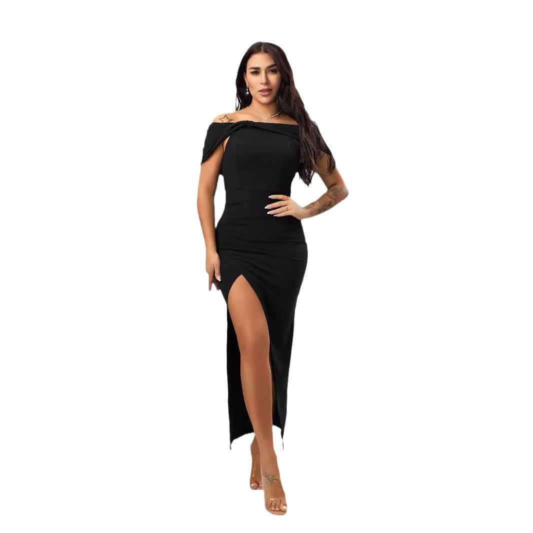 Maxi Dress Autumn Solid Color Off Neck Tight Sexy Slit Dress Bella Mia