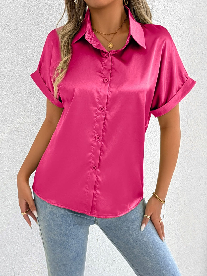 Women Clothes Summer Blue Color Satin Shirt Women Satin Shirt Bella Mia