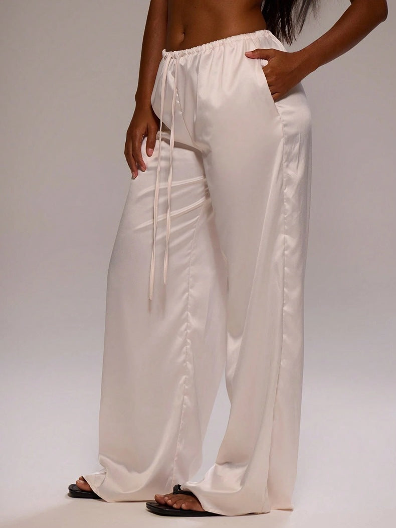 Women Clothing Trendy Autumn Satin Satin Casual Pants Loose Wide Leg Drawstring Long Pants Bella Mia