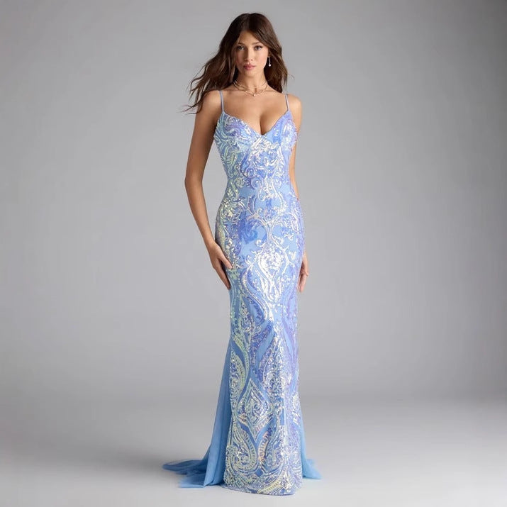 Women Party V neck Blue Sequined Sexy Dress Evening Dress Bella Mia