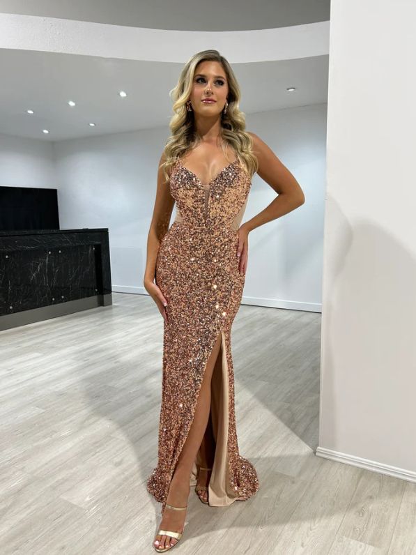 Sequined Split Sexy Sling Dress Waist Controlled Cocktail Dress Slim Fit Maxi Dress Bella Mia