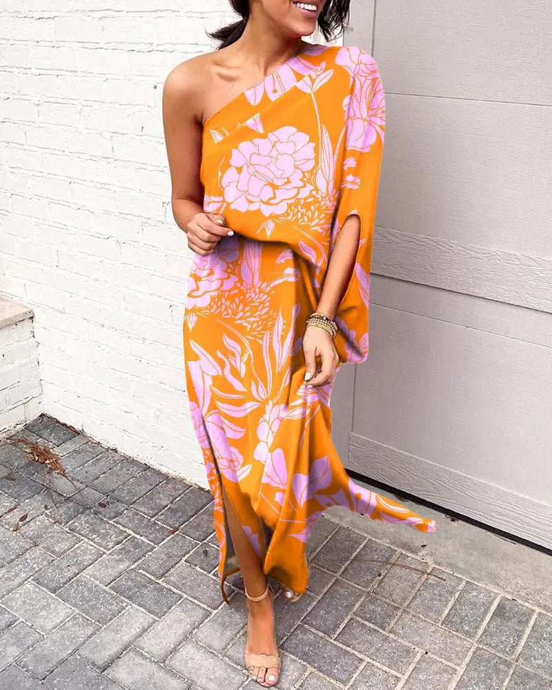 Women Clothing Dress Sexy Oblique Shoulder Elegant Single Side Sleeve Dress for Women Bella Mia