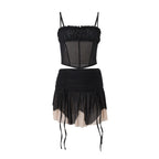 Women Clothing Summer Sexy Mesh Irregular Asymmetric Top Sexy Color Block Skirt Set Bella Mia