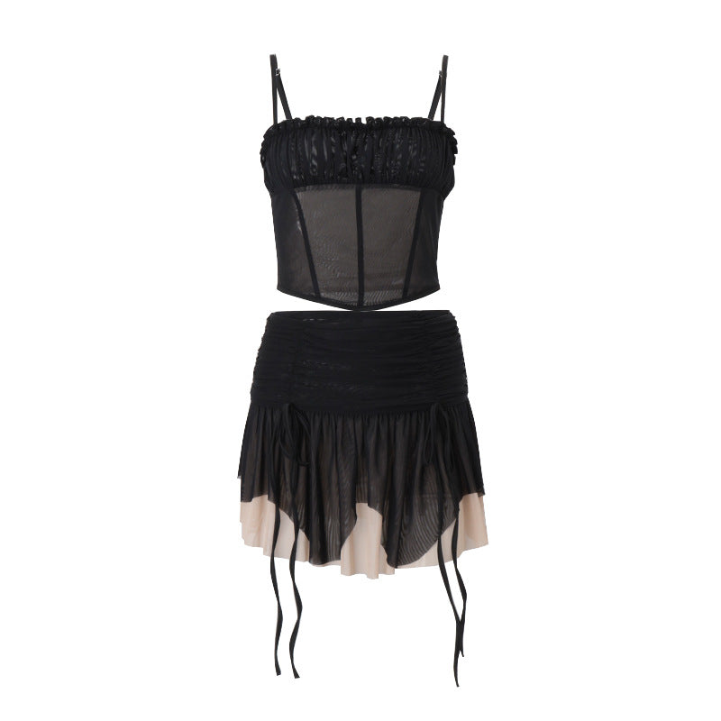 Women Clothing Summer Sexy Mesh Irregular Asymmetric Top Sexy Color Block Skirt Set Bella Mia