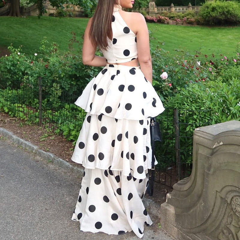 French Polka Dot Sweet Sexy Women ummer Halter Sleeveless Vest High Waist Flounced Skirt Set Bella Mia