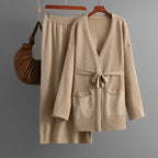 Women Autumn Winter V neck Loose Knitted Lace up Cardigan Skirt Two Piece Set Bella Mia