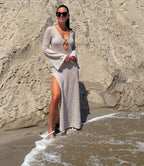 Hollow Out Cutout Out Split Bohemian Dress Beach Cover Up V Neck Flared Sleeves Long Buckle Beach Dress Bella Mia