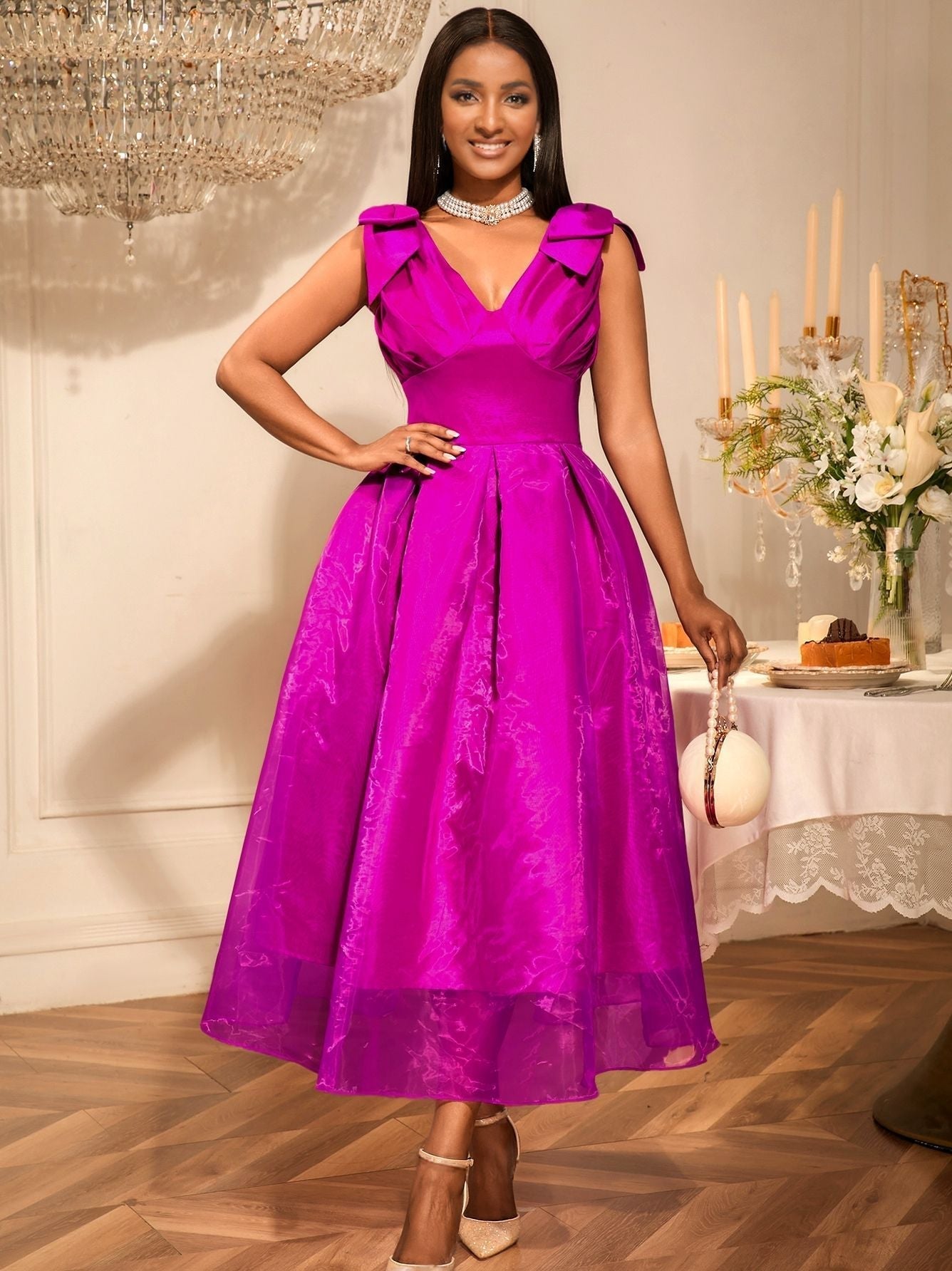 Sexy V neck Bow Sleeveless Dress High Waist Slim Fit Elegant Party Evening Dress Bella Mia