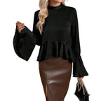 Women Clothing Autumn Winter Office Ruffled Shirt Bell Sleeve Bow Satin Bella Mia