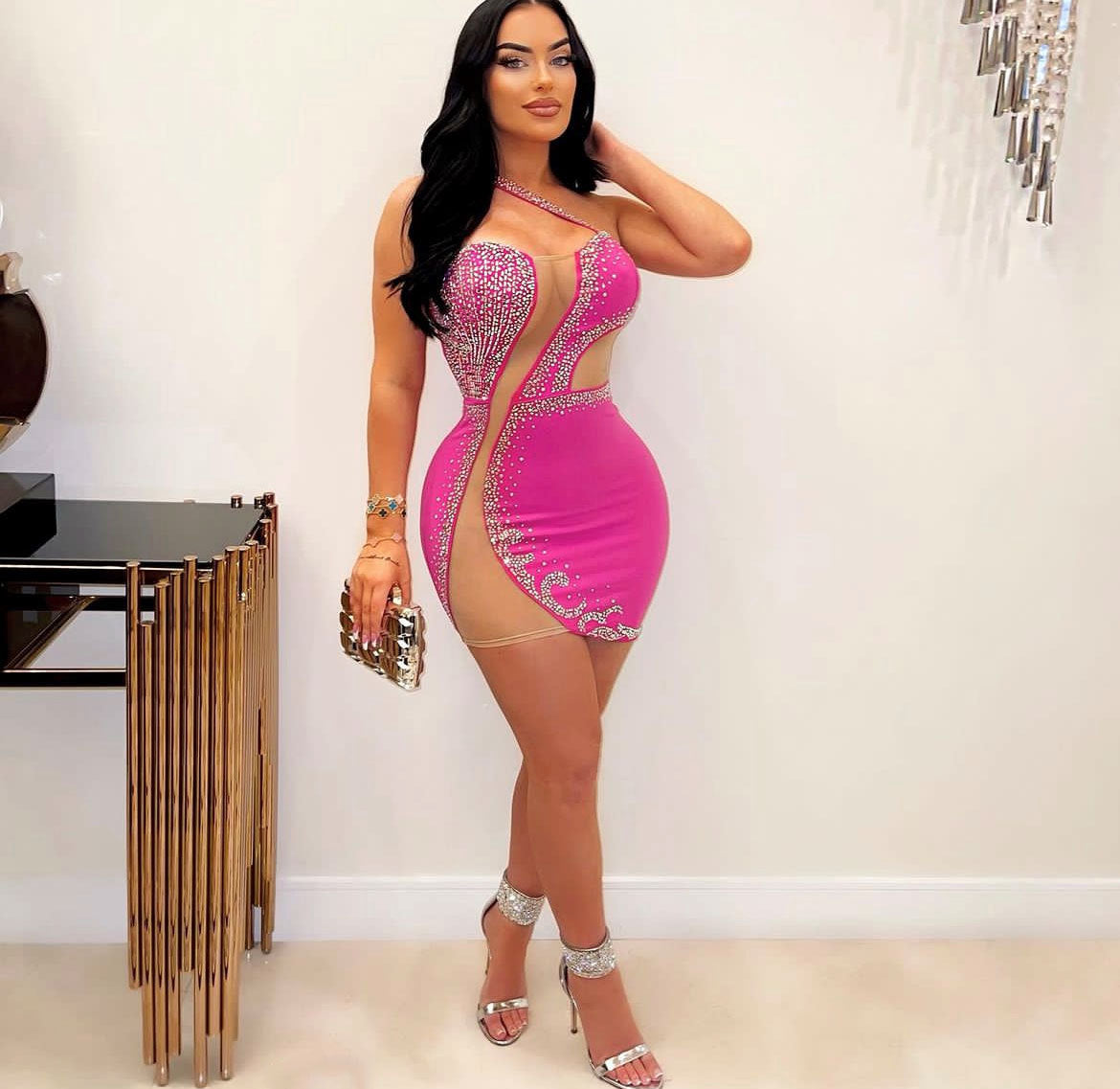 Sexy Slim Fit Rhinestone Stretch Tube Top Sleeveless See through Sheath Dress