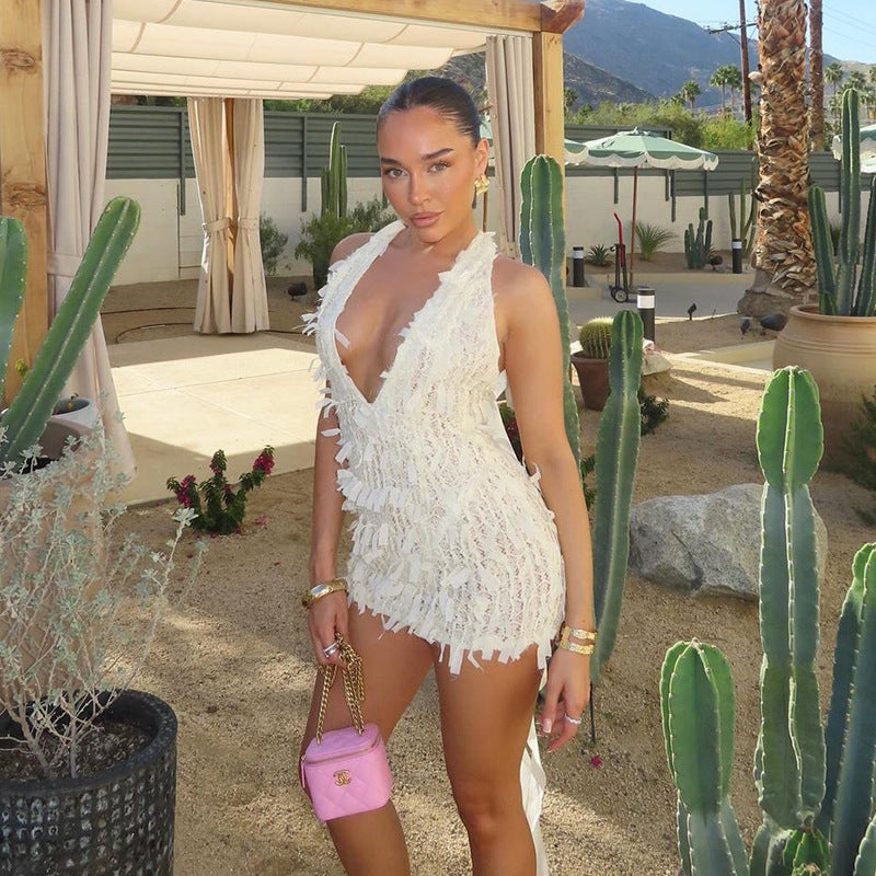 Women Clothing Summer Sexy Halter Lace Up V Neck Backless Slim Fit Sheath Dress Bella Mia