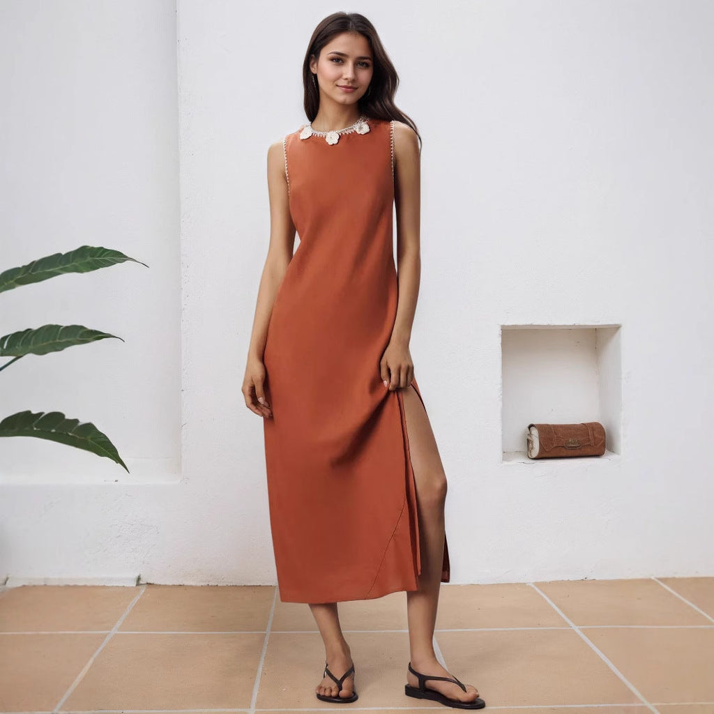 Spring Summer Sleeveless Slit Neckline Exquisite Floral Pearl Dress Women Dress