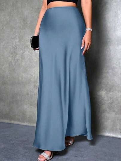 Satin Skirt Autumn Winter Simple A line Long Skirt Women Clothing Bella Mia