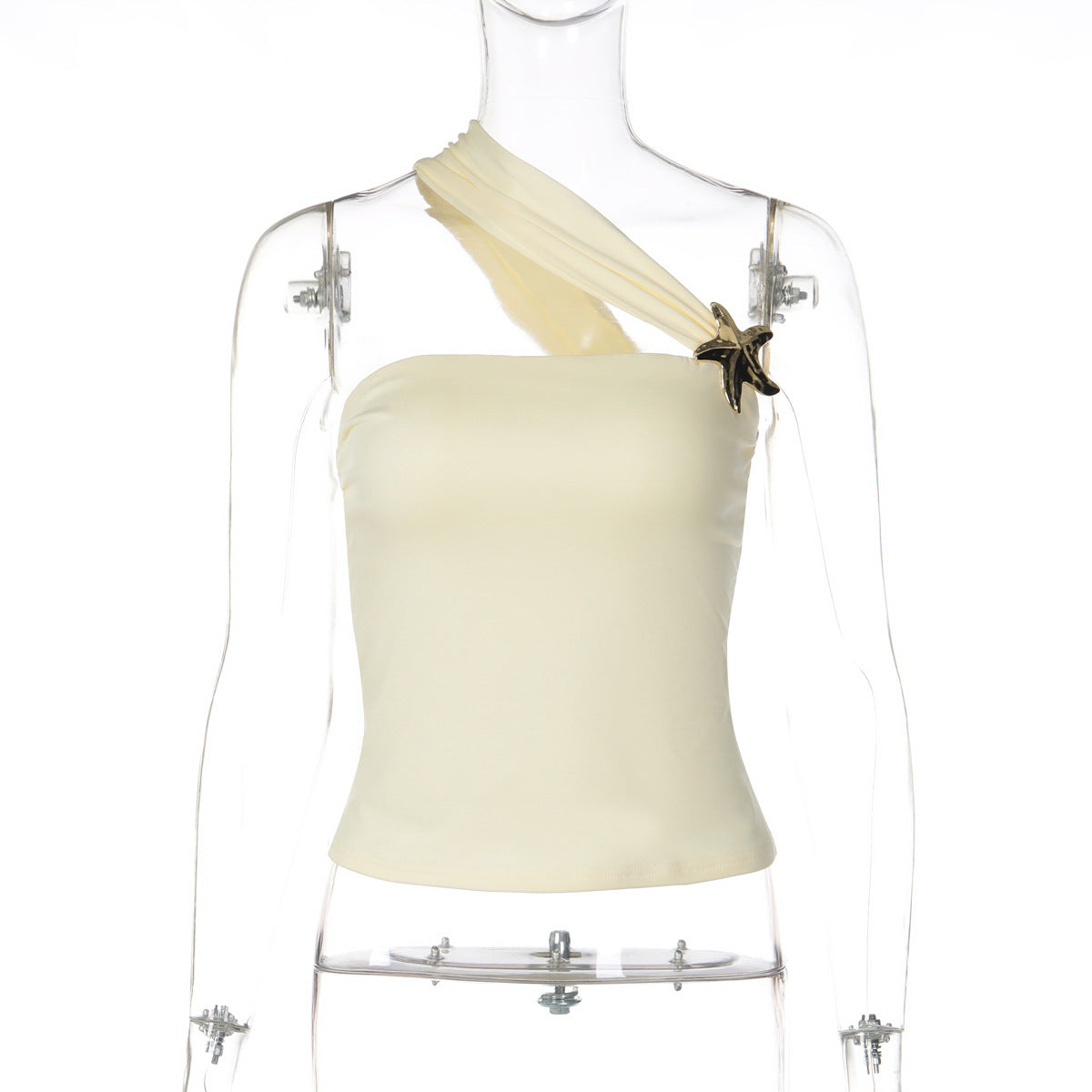 Women Clothing Spring Unique One Shoulder Diagonal Collar Gold Plate Buckle Decoration Tops Bella Mia