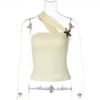 Women Clothing Spring Unique One Shoulder Diagonal Collar Gold Plate Buckle Decoration Tops Bella Mia