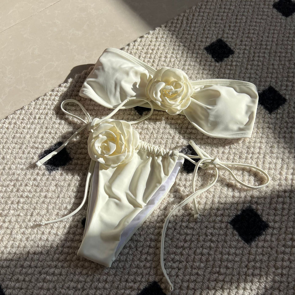 Solid Color Rose Tube Top Drawstring Strap Split Swimsuit Bikini Bella Mia