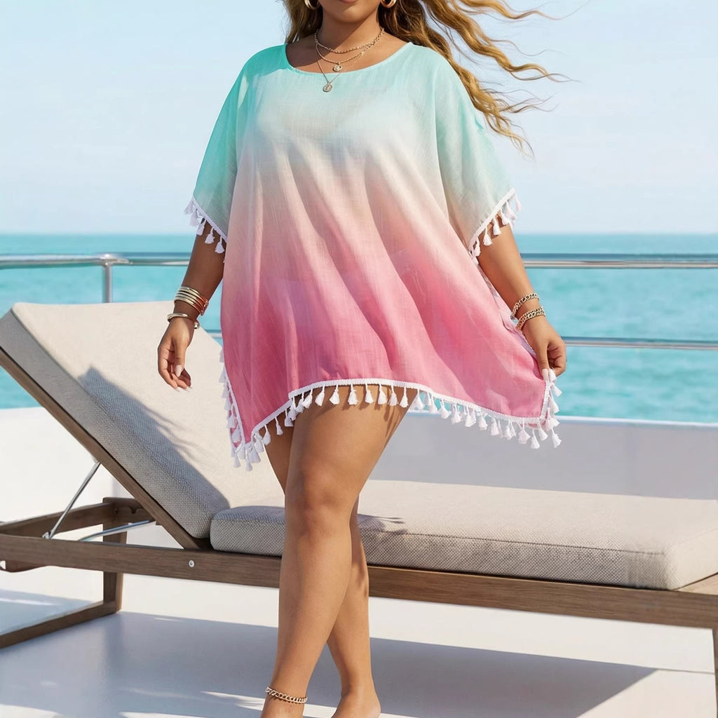 Women Clothes Women Casual Loose Gradient Printing Tassel Stitching T shirt Beach Cover up Bella Mia