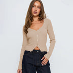 Women Fall Winter V neck Long Sleeve Ribbed Button Cardigan Slim Fit Bella Mia