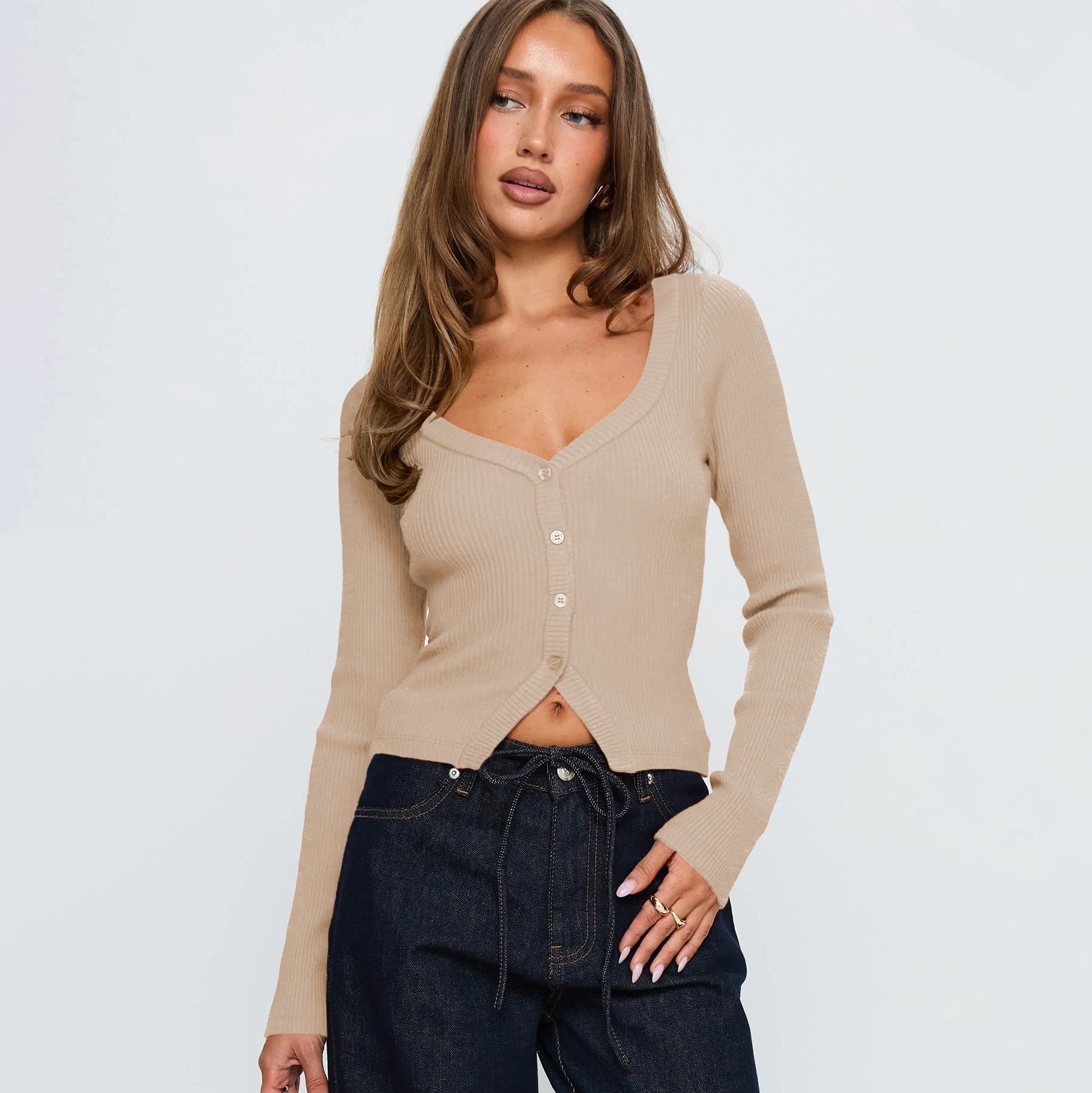 Women Fall Winter V neck Long Sleeve Ribbed Button Cardigan Slim Fit Bella Mia