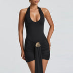 Summer Women Clothing Sexy Halter Hollow Out Cutout Slim Fit Slim Backless Ruffle Hip Dress Bella Mia
