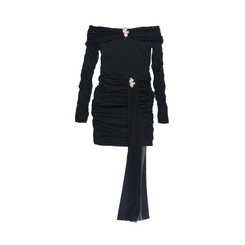 Sexy Short off Shoulder Sexy Backless Mesh Stitching Long Sleeve Dress Bella Mia
