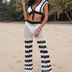 Women Beach Clothing Stitching Sexy Deep V Plunge Tied Top Bootcut Pants Two Piece Set Bella Mia