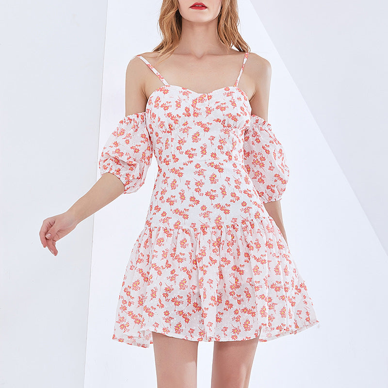 Women Clothing Sexy off Shoulder Printed Short Dress Sneaky Design Spaghetti Strap Floral Print A line Dress Bella Mia