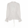 Elegant Pure Lace Chiffon Patchwork Tie Neck Flared Sleeves T shirt Vacation Swing Smock Top
