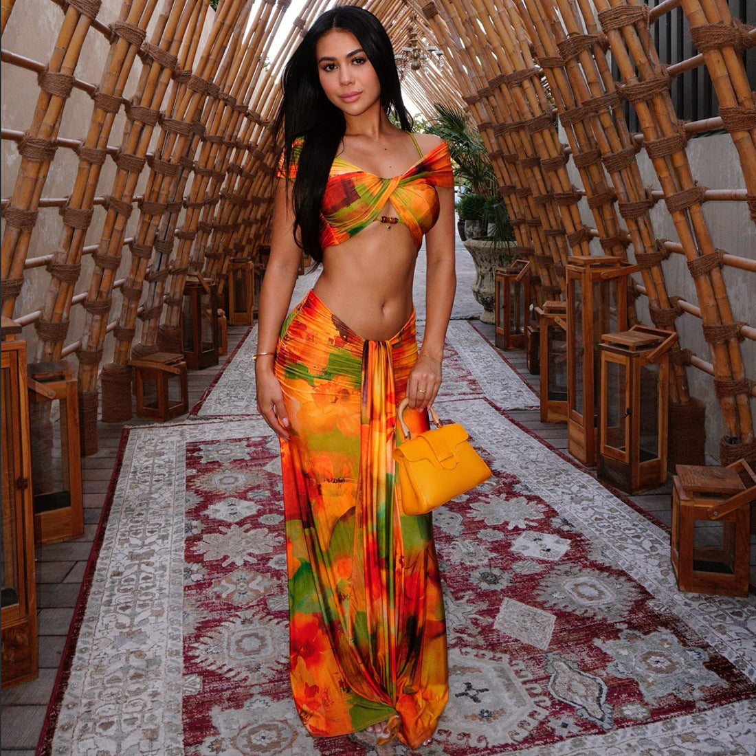 Women Spring Clothing Pattern Print Sexy Drop Shoulder Hollow Out Cutout Low Waist Cropped Skirt Set Bella Mia