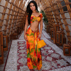 Women Spring Clothing Pattern Print Sexy Drop Shoulder Hollow Out Cutout Low Waist Cropped Skirt Set Bella Mia