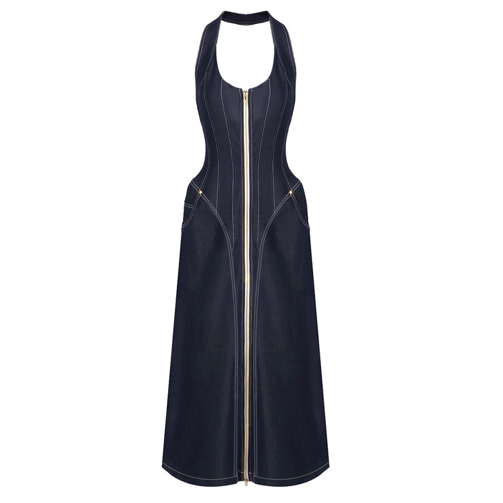 Elegant Solid Color Sleeveless Halter Slim Fit Backless Sheath Dress Denim Summer Bella Mia