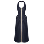 Elegant Solid Color Sleeveless Halter Slim Fit Backless Sheath Dress Denim Summer Bella Mia