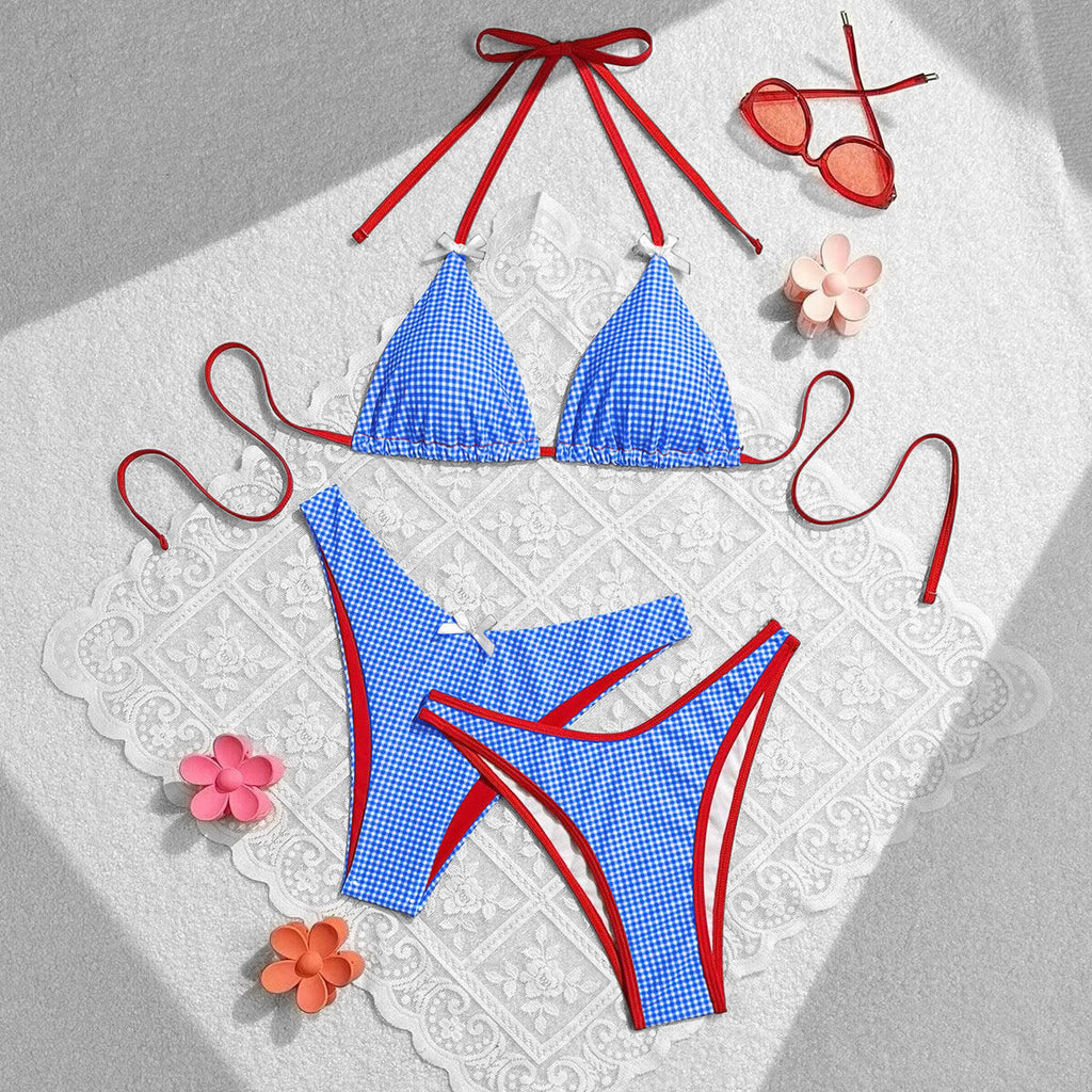 Summer Sweet Bow Floral Plaid Women Split Vacation Swimsuit Bikini Bella Mia