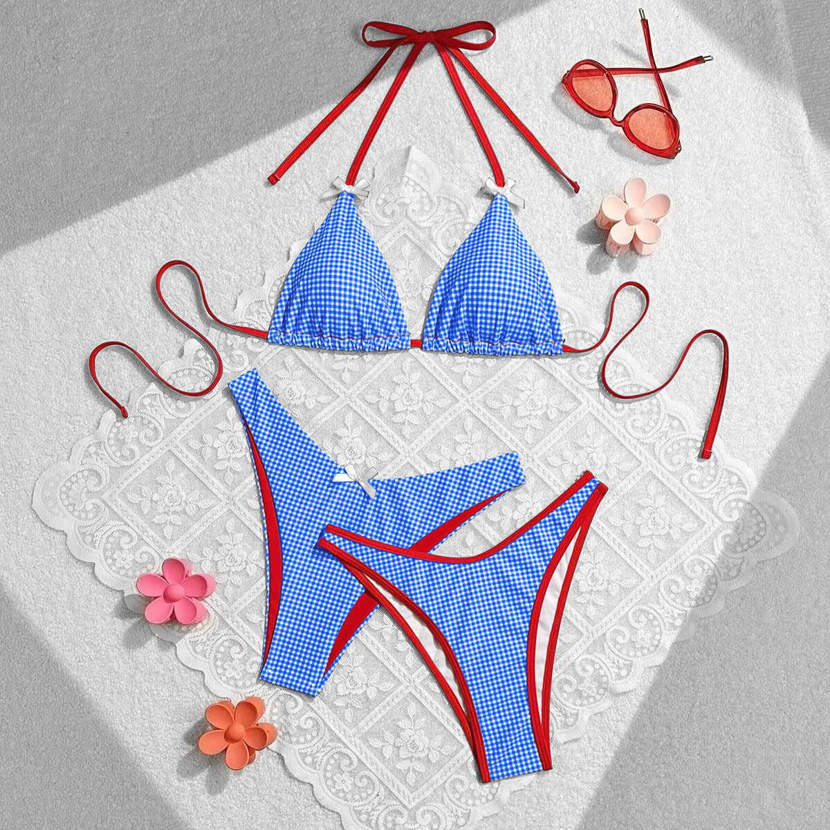 Summer Sweet Bow Floral Plaid Women Split Vacation Swimsuit Bikini Bella Mia