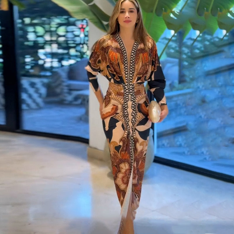 Spring Women Wear Short Sleeve V neck Slim Print Dress Bella Mia