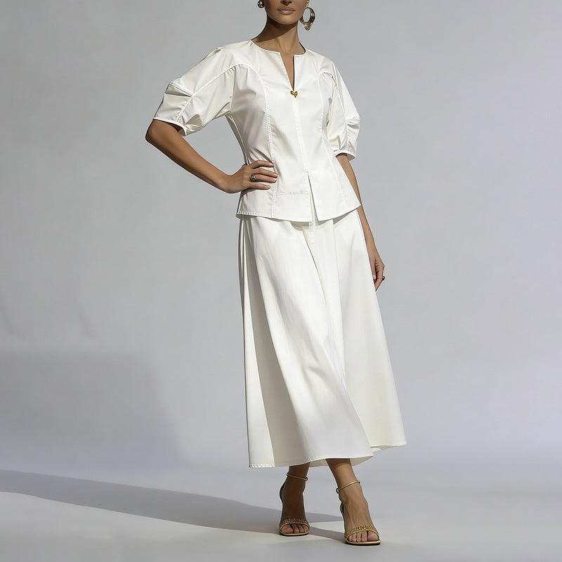Office Two Piece Sets V neck Heart Shaped Buckle Waist Controlled Top Solid Color Mid Length Skirt Two Piece Sets